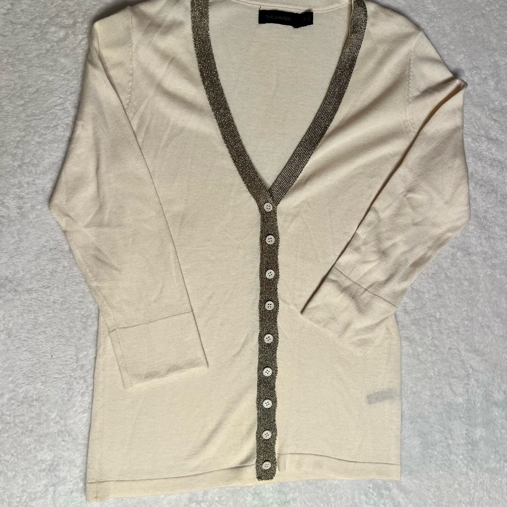 The Limited Cream Cardigan with Metallic Trim